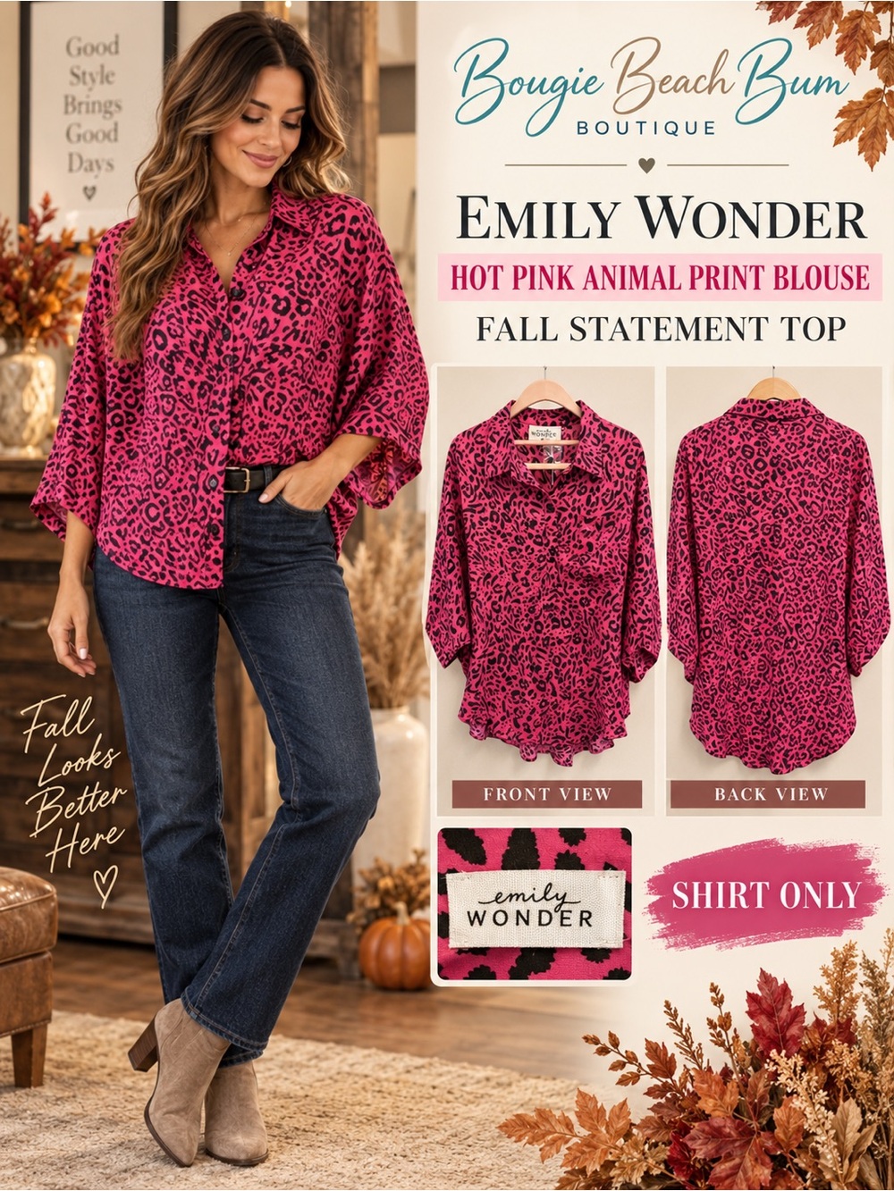 Women's Hot Pink Leopard Print Button-Down Shirt